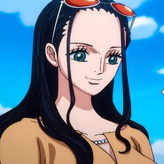 an anime character with long black hair and big blue eyes, wearing orange eyeglasses