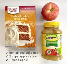 an apple next to a box of cake mix and a jar of nutellat's