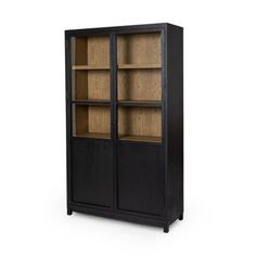 a black bookcase with wooden shelves and glass doors on the front, against a white background