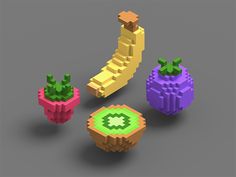 four different types of fruit and vegetables made out of legos on a gray surface