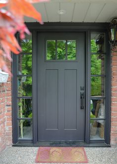 a gray front door with two sidelights and an entry mat on the ground next to it