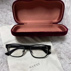 Women’s Pre-Owned Gucci Prescription Glasses Black With Case. Gucci Logo On Both Sides Signs Of Wear Small Hairline Scratches Comes With Branded Case And Cloth Please Refer To Pictures For More Info Color Will Vary By Resolution Of Your Screen. Please Read Description. No Returns. Gucci Eyeglasses, Gucci Glasses, Gucci Logo, Gucci Leather, Metal Sunglasses, Tinted Sunglasses, Gucci Accessories, Eyeglass Case, Sunglass Lenses