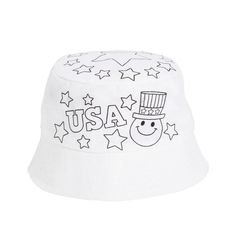 a white hat with the word usa written on it and stars around its brim