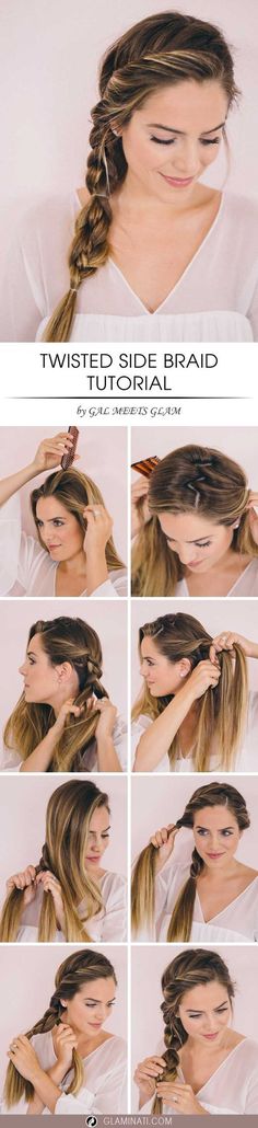 A side braid is trendy right now. It is perfect for everyday wear and some fancy parties. A twisted braid looks terrific with evening gowns and it is more creative than a regular updo. Quick Braids, How To Braid, Step By Step Hairstyles, Fishtail Braid, Different Hair, בר מצווה, Festival Hair, Long Hair Girl