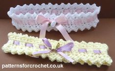 three crocheted headbands with bows and ribbons on the sides, all in white and light pink