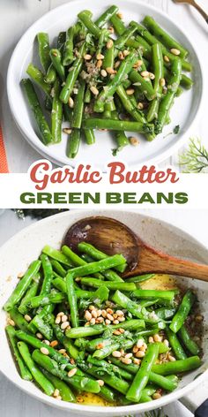 green beans with garlic butter in a white bowl