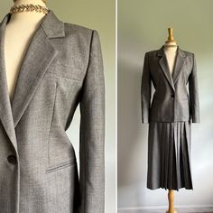 Era: 1990s  Label: Gianni Sport  Pictured on a US size 6/8 dress form; fits medium (8) well Woven wool, lined Grey Skirt Suit, Light Grey Suits, Dress Blazer, Cute Blazers, Skirt Suit Set, Well Woven, Dress Appropriately, Wool Skirt, Straight Skirt