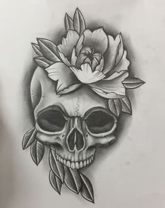 a drawing of a skull with a flower on it's head and leaves around its neck