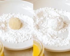 two images of flour and orange juice on a white plate, one with a ball of powdered sugar