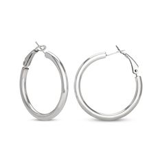 Simple yet stylish, these rounded tube hoop earrings go with everything. Crafted in sterling silver The 31.75 x 3mm hoops secure with omega backs Polished Metal Round Hoop Earrings, Silver Jewelry With Smooth Finish And Round Shape, Classic Silver Stainless Steel Hoop Earrings, Modern Circular Hoop Earrings For Anniversary, Modern Small Hoop Hinged Earrings, Modern Circle Hoop Earrings For Anniversary, Modern Hoop Earrings For Anniversary, Modern Small Hinged Hoop Earrings, Modern Anniversary Hoop Earrings