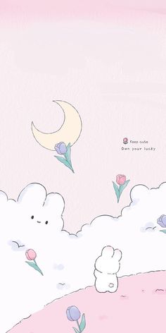 an illustration of clouds and flowers with the moon in the sky above them on a pink background