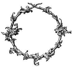 a circular frame with vines and leaves in the center, vintage line drawing or engraving illustration