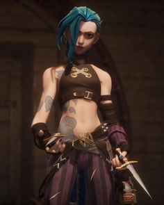 a woman with blue hair and tattoos holding two swords