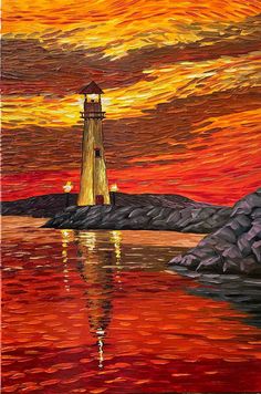 a painting of a lighthouse in the ocean at sunset with red and yellow clouds above it