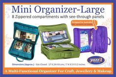 an advertisement for a women's jewelry and make up bag with the words, mini organizer - large 8 zippered compartments