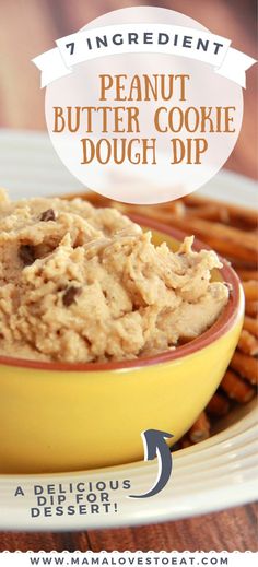 peanut butter cookie dough dip in a yellow bowl