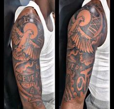 a man with an eagle and clock tattoo on his arm is shown in two different views