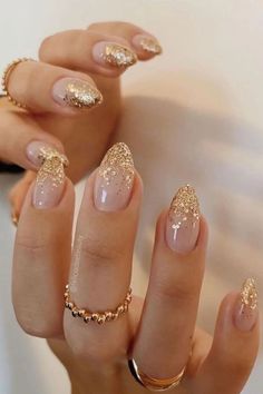 Ongles Beiges, Champagne Nails, Bridesmaids Nails, Golden Nails, Gold Glitter Nails, Ombre Nails Glitter, Birthday Nails, Xmas Nails, Prom Nails