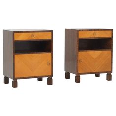 pair of nightstands with chevron wood panels and metal pulls, mid - 20th century