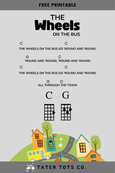 the wheels on the bus is shown in this graphic art printable poster, which features an image of a road and houses