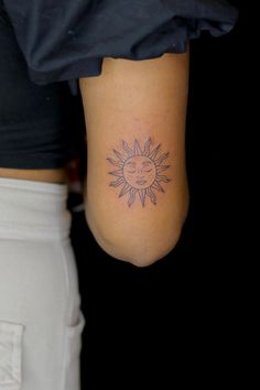 Tattoo ideas for women, sun tattoo, arm tattoo, tattoos for women, minimal tattoo, sun design tattoo, fine line tattoo Sun Back Arm Tattoo, Boho Soul Tattoo, Bold Sun Tattoo, Sun Placement Tattoo, Sun On Back Of Arm Tattoo, Sun Emoji Tattoo, Simple Sun Tattoo With Face, Cute Sunshine Tattoos, Sun Tattoo Elbow Crease