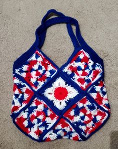 Red, white & blue Market Tote. Great for going to your local market. Blue Summer Shoulder Bag, Blue Shoulder Bag For Summer Market, Blue Shoulder Bag For Summer, Retro Red Shoulder Bag For Summer, White Shoulder Bag For Summer Market, Blue Square Crochet Bag For Shopping, Square Blue Crochet Bag For Shopping, Summer Blue Crochet Shopping Bag, White Square Bag For Market