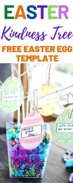 an easter basket with colorful eggs and tags on it, next to the words free printable