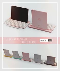 there are four different types of laptops on the same shelf and one is pink