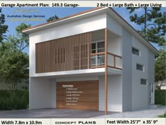 the garage apartment plan is designed for two people and includes an attached porch with balconyes