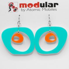 "Modern art earrings inspired by mid century modern retro design and my hanging art mobiles. Wearable art! Custom handmade by me in my studio in Los Angeles. No-worry, no-pain hypo-allergenic titanium ear wire, stainless steel rings, and adorably mod acrylic dangle shapes. Show your mid century modern style with these modern earrings. Arrives in lovely gift box with ribbon and includes free 2020 Atomic Mobiles Art Catalog. CHOOSE FROM 2 SIZES: Medium: 2 1/2\"h x 1 7/8\" w Small: 1 3/4\"h x 1 1/2 Mobiles Art, Modern Retro Design, Kinetic Art Sculpture, Mid Century Modern Jewelry, Gift Box With Ribbon, Earrings Dangling, Laser Cut Jewelry, Acrylic Jewelry, Acrylic Shapes