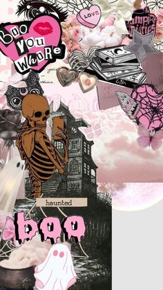 an altered collage with pink and black images, hearts, skulls, and skeletons