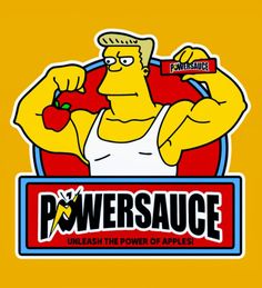 the simpsons character is holding an apple in front of his head and arms, with power sauce on it