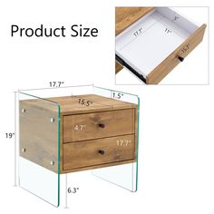 an image of a wooden drawer with clear glass drawers and measurements for the bottom section