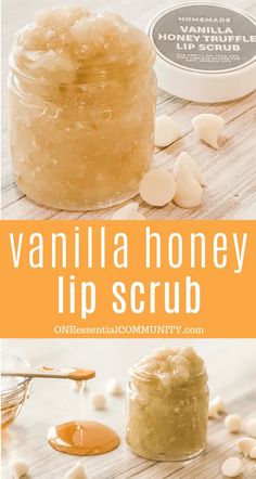 Dry, chapped lips? This lip-smacking DIY vanilla honey lip scrub recipe exfoliates and smooths for soft, moisturized lips and tastes great! This lip-smacking combination of tangerine essential oil, sugar, vanilla, honey, and white chocolate can be made in minutes, and just a pinch softens and moisturizes lips. Homemade DIY recipe, essential oil make & take, homemade gift, Young Living, doTERRA, Plant Therapy Lip Scrub Vanilla, Essential Oil Lip Scrub, Dry Lips Remedy Diy, Diy Lip Scrub For Dry Chapped Lips, Lip Sugar Scrub Diy, Diy Lip Oil Recipe, Diy Lip Sugar Scrub, Lip Scrub Diy Exfoliating, Lip Sugar Scrub Recipe