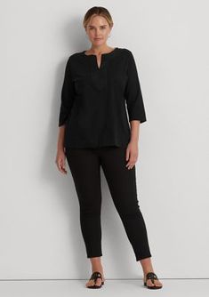 This soft tunic is crafted from luxe combed cotton. | Lauren Ralph Lauren Women's Plus Size Cotton Tunic, Black, 2X Black Split Neck Top For Spring, Casual Black Blouse With Split Neck, Black Split Neck Top For Workwear, Chic Black Split Neck Top, Cotton Tunic, Ralph Lauren Womens, Lauren Ralph Lauren, Combed Cotton, Knit Top