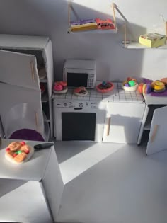 a model kitchen with white walls and appliances