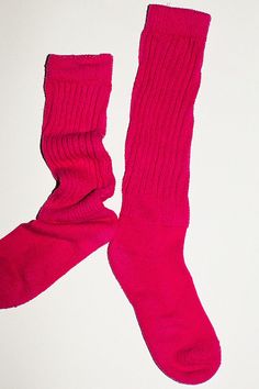 Slouchy knee high socks in a cotton/nylon blend. Thick ribbed cuff and a slim, fitted foot. Made in the USA. Available in multiple colors. Stretch Ribbed Knee-high Socks, Fall Season Pink Stretch Knee-high Socks, Fitted Mid-calf Solid Color Socks, Fitted Pink Knee-high Socks For Fall, Fitted Solid Color Ribbed Socks, Cozy Fitted Solid Socks, Winter Cotton Knee-high Socks, Stretch Cotton Knee-high Socks, Pink Stretch Knee-high Socks