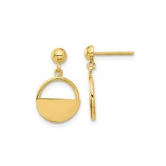 Beautiful polished 14 karat yellow gold is formed into a semi-solid circle design with post backings. These gold dangle earrings weigh 1.45 grams and are 3/4 inch in length. 14K Yellow Gold Polished Dangle Earrings Size: one size.  Gender: female.  Age Group: adult. 14k Yellow Gold Circle Earrings, Modern 14k Gold Circle Earrings, Yellow Gold Semi-circle Earrings For Gift, Yellow Gold Semi-circle Earrings As Gift, Yellow Gold Circle Earrings, Modern Yellow Gold Round Earrings, Yellow Gold Circle Earrings For Anniversary, Yellow Gold Circle Earrings For Formal Occasions, Yellow Gold Circular Earrings For Formal Occasions