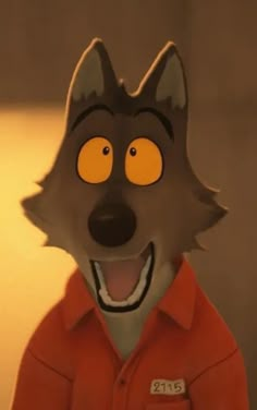 a cartoon wolf wearing an orange shirt and smiling