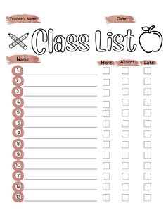 a printable class list for students with numbers and letters on the front, including an apple