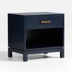 a black night stand with two drawers on one side and an open drawer on the other