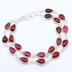 "Red Garnet Pear Shape Gemstone Two Line Bracelet Jewelry - 925 Sterling Silver Designer Handmade Bracelet Jewelry Length 7 - 7.5\" - ab0080 MATERIAL- 925 STERLING SILVER BRACELET SIZE- 7 - 7.5\" STONE - GARNET SHAPE- PEAR BRACELET WEIGHT - 9 - 9.5 GRAMS STONE SHAPE : PEAR STONE SIZE : 8 X 6 MM Benefits Of Wearing Garnet Gemstone: Garnet is derived from the Latin word \"granatus\" which means 'grain' or 'seed-like' since red garnet stones appear like a pomegranate's red seed. The garnet jeweller Sterling Silver Bracelets Handmade, Silver Bracelet Jewelry, Simple Silver Jewelry, Silver Jewelry Diy, Bracelets Design, Jewelry Bracelets Silver, Garnet Bracelet, Silver Jewelry Design, Garnet Jewelry