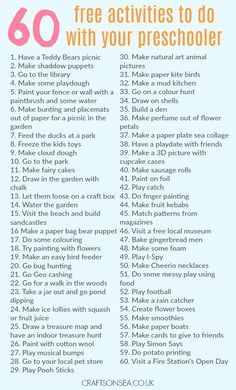 a poster with the words 60 free activities to do with your preschooler on it