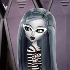 an animated doll with long hair and glasses