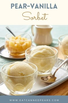 two small bowls filled with ice cream on top of a white plate next to other desserts