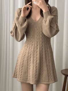 V Neck Cable Knit Long Sleeve Mini Dress - AnotherChill Preppy Mode, Winter Sweater Dresses, Sweet Clothes, Flare Long Sleeve, Mini Dresses Online, Womens Knit Dresses, Long Sleeve Knit Dress, Dress Stores Online, Long Sleeve Sweater Dress