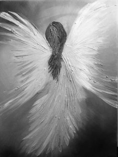 a drawing of an angel with white wings on a black and white background is shown