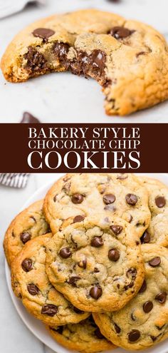 chocolate chip cookies stacked on top of each other with the words bake every style chocolate chip cookies