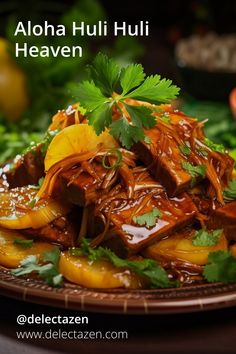 a brown plate topped with meat covered in sauce and garnished with cilantro