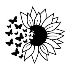 a sunflower with butterflies on it and the petals are black, but there is no image to describe